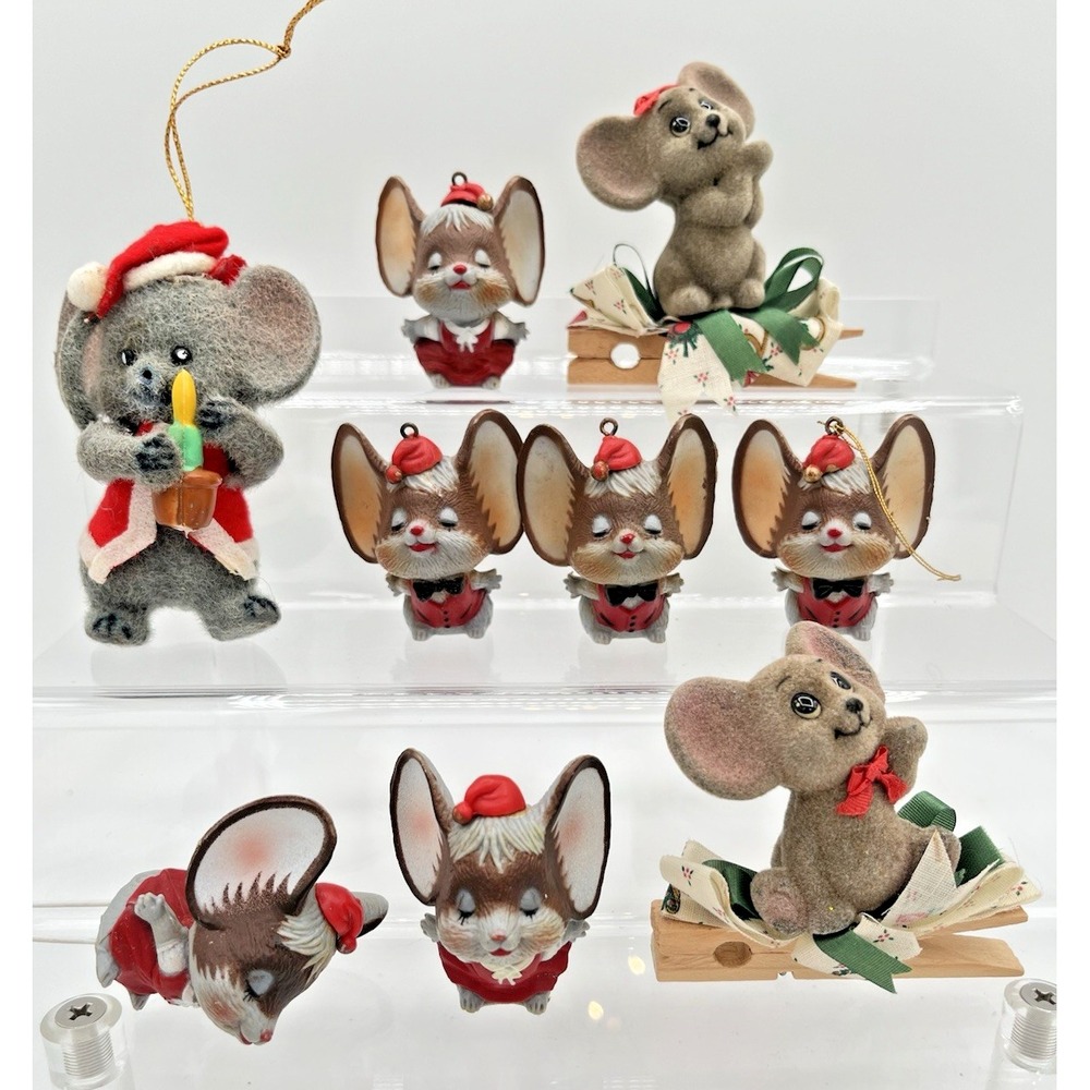 Vintage Christmas Mice Ornament Lot 9 Flocked Big Ear Mouse Clothespin Kitsch